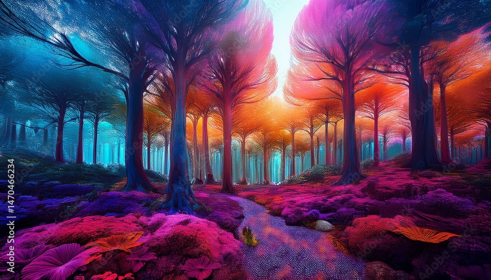 Fototapeta premium beautiful surreal alternate colored forest landscape
