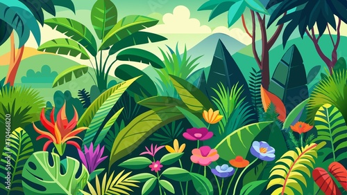 Colorful Illustration Of Tropical Jungle Landscape With Mountains And Flowers