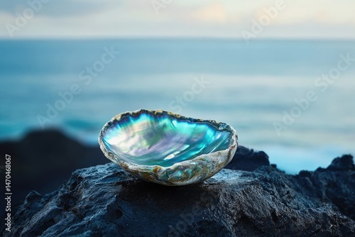 A vibrant abalone shell rests on a dark volcanic rock against a serene ocean backdrop.