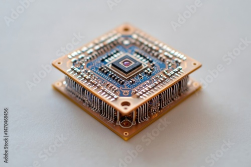 Close-up of a sophisticated integrated circuit with a central image sensor, showcasing intricate electronic components.
