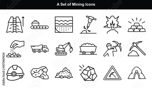 Mining Outline Icons Set, Mine Entrance, Hand Pouring Rocks on Transparent Background
