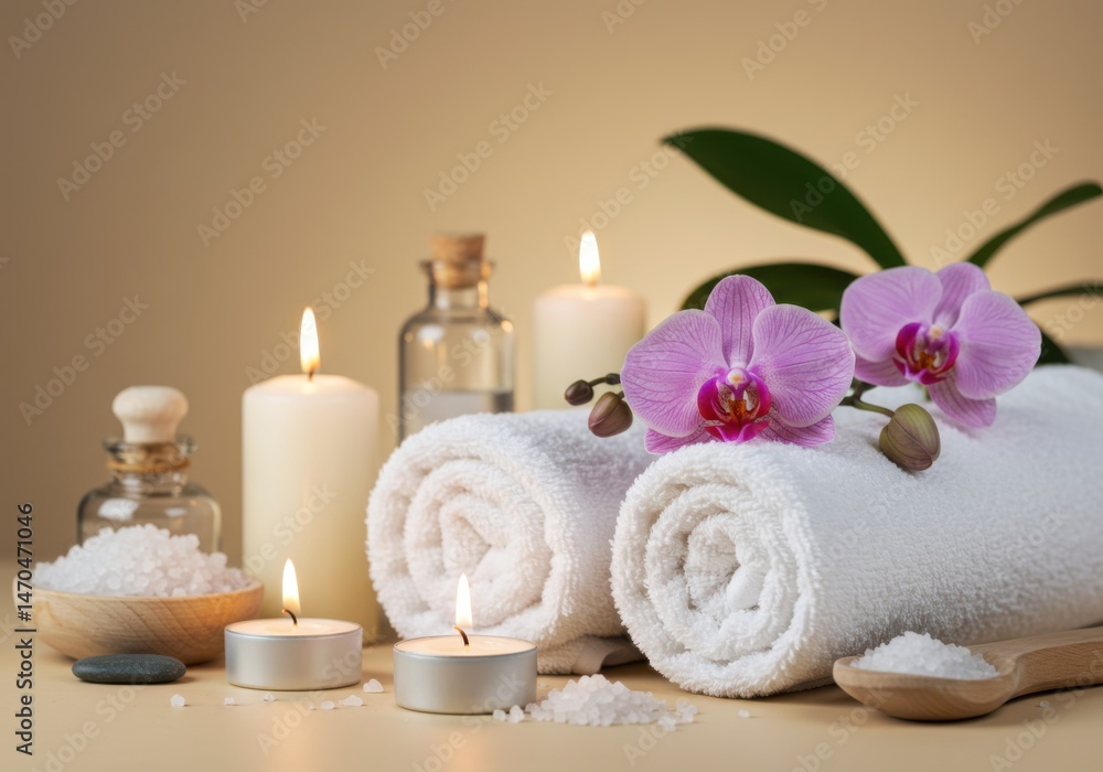 Aromatherapy candle scene showing relaxation and wellness with towels and orchid flowers Aromatherapy candle scene showing relaxation and wellness with towels and orchid flowers