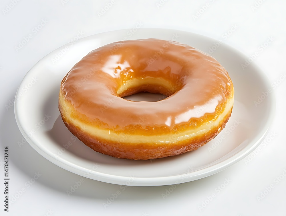 Glazed Doughnut on White Plate, Sweet Confection, Baked, Delicious, Studio Shot Glazed Doughnut on White Plate, Sweet Confection, Baked, Delicious, Studio Shot