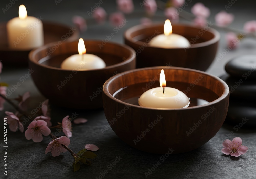 Floating candles in bowls symbolizing serenity and relaxation with floral accents Floating candles in bowls symbolizing serenity and relaxation with floral accents