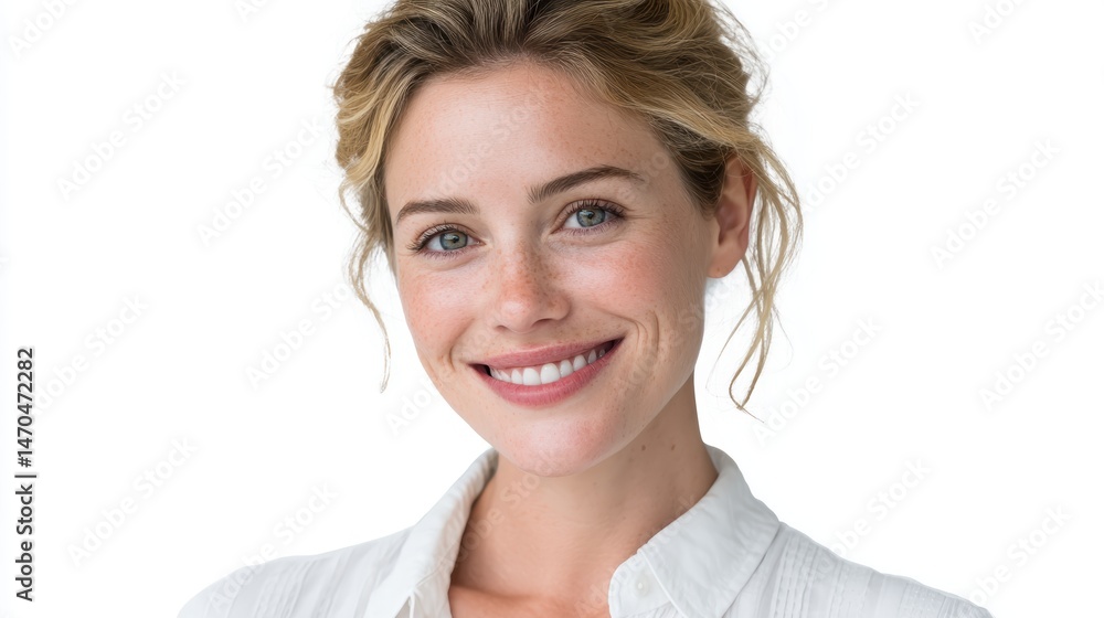 A smiling woman dressed in a crisp white shirt, her face glowing with positivity, isolated on background A smiling woman dressed in a crisp white shirt, her face glowing with positivity, isolated on background