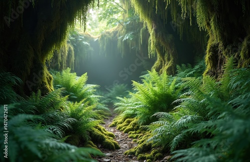 Rich grotto scene with diverse ferns mosses. Dense green foliage texture, sunlight. Serene forest, jungle atmosphere, natural beauty, springtime scene. Focus on plant life, natural design, eco