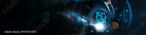 Bild auf Leinwand Business Integration: Businessman holding the interface of digital systems, business and interconnected network