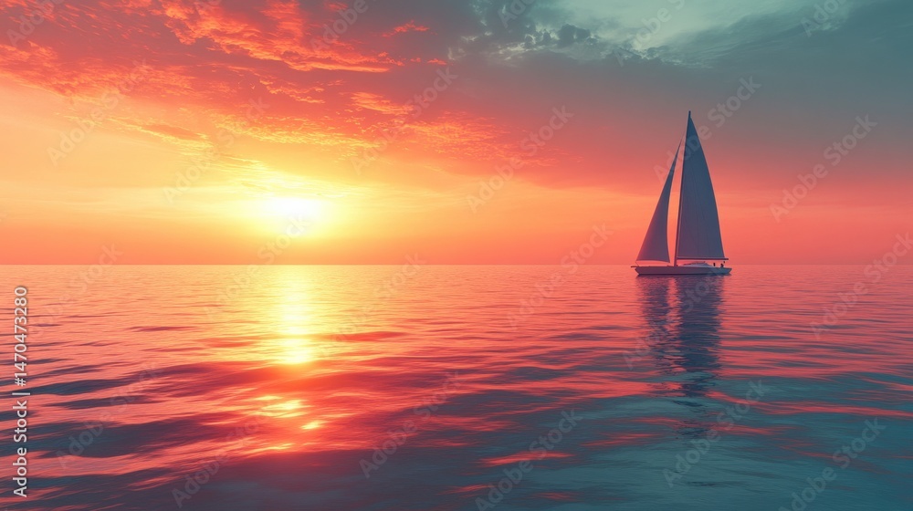 Fototapeta premium Serene sunset over calm waters with a sailboat silhouetted against vibrant skies