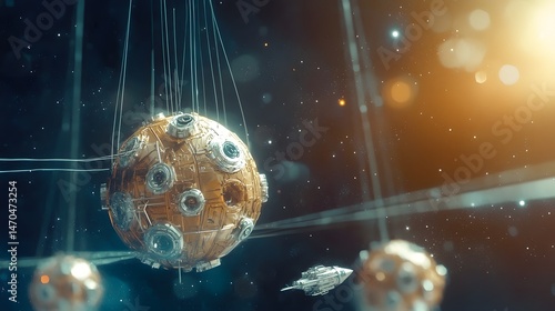 Fototapeta Naklejka Na Ścianę i Meble -  A futuristic orbital space station with intricate metallic details and glowing elements, accompanied by a sleek spacecraft, against a backdrop of stars and distant light