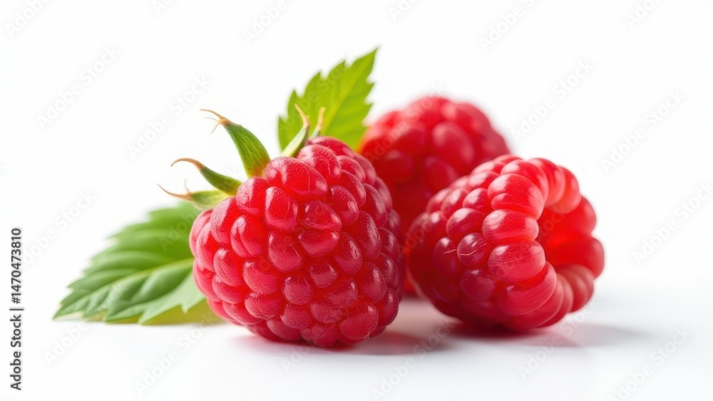 Vivid close-up of fresh red raspberries with green leaves on a white background, showcasing their vibrant color and texture Vivid close-up of fresh red raspberries with green leaves on a white background, showcasing their vibrant color and texture