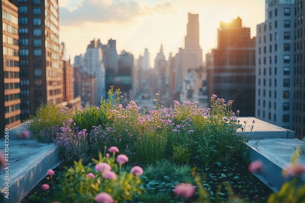 Fototapeta premium Urban rooftop garden at sunset, blooming flowers against city skyline.
