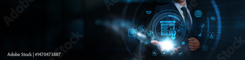 Photography Introduction, businessman holding icons, business and global communication network, digital transformation strategies, market expansion initiatives, cutting-edge technology integration
