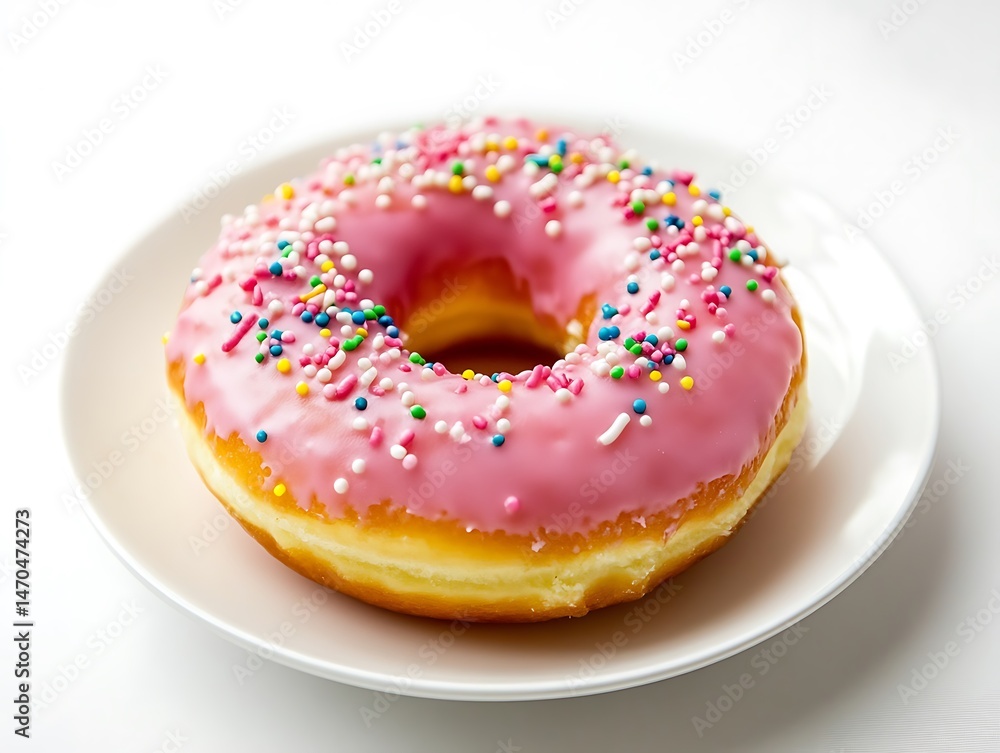 Glazed doughnut with colorful sprinkles sits on a white plate, studio shot Glazed doughnut with colorful sprinkles sits on a white plate, studio shot