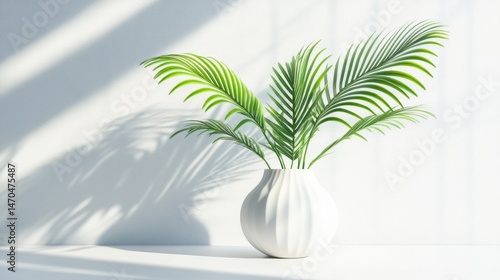 A modern white vase adorned with lush green palm leaves creates a serene atmosphere, enhancing any indoor space with elegant simplicity and fresh design.
