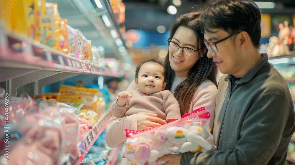 A young family is shopping at a supermarket. The mother is holding their baby while the father holds a bag of toys. They are smiling and browsing shelves stocked with various products. A young family is shopping at a supermarket. The mother is holding their baby while the father holds a bag of toys. They are smiling and browsing shelves stocked with various products.