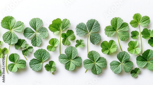 Lush green clovers arranged neatly on a white background, symbolizing nature's beauty and freshness