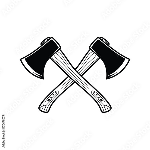Crossed Axes Graphic: A pair of vintage axes are crossed against each other, creating a strong and symbolic image.  Perfect for logos, branding, or outdoor-themed projects.