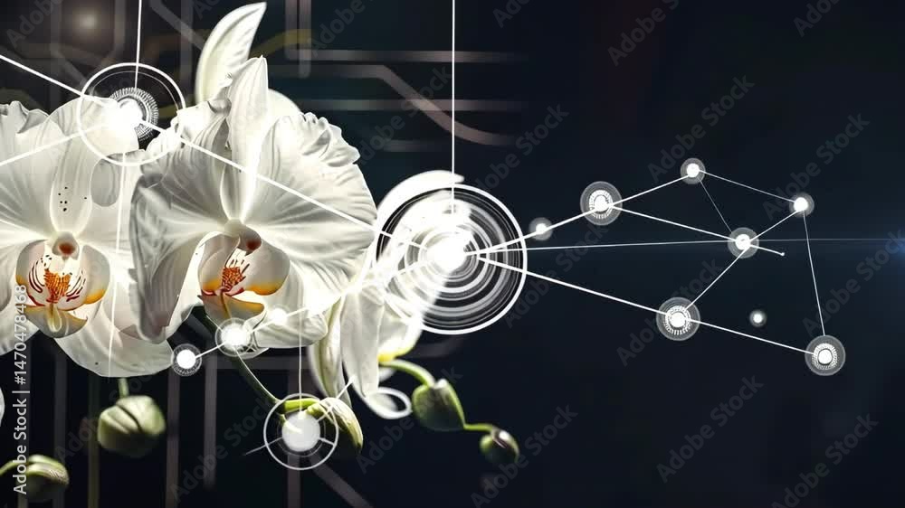  White orchids with a delicate structure of lines and light points on a dark background, suggesting a scientific or digital theme