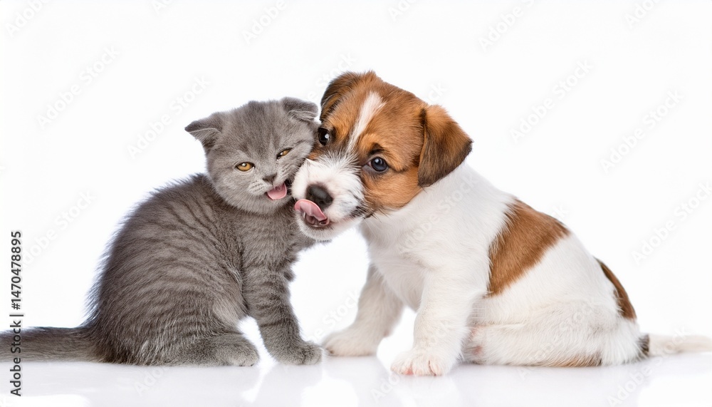Fototapeta premium jack russell terrier puppy and licking scottish straight kitten sitting together isolated on a white background