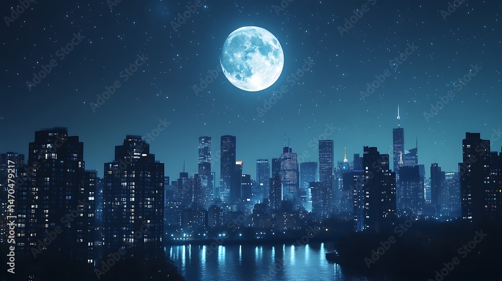 Illuminated skyline under full moon with water reflections high resolution picture Illuminated skyline under full moon with water reflections high resolution picture