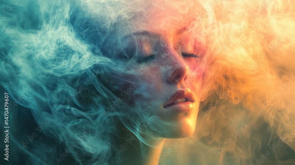 A woman's serene face enveloped in colorful smoke. A woman's serene face enveloped in colorful smoke.