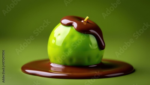 A vibrant green apple is elegantly draped in rich, melted chocolate against a harmonious green backdrop