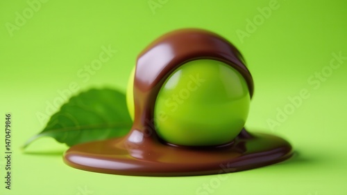 A vibrant green apple is elegantly draped in rich, melted chocolate against a harmonious green backdrop