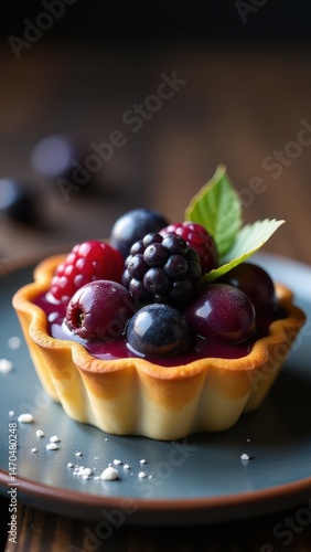 A delicious berry tartlet topped with fresh blackberries, blueberries, and cherries sits on a plate, showcasing a vibrant, colorful dessert