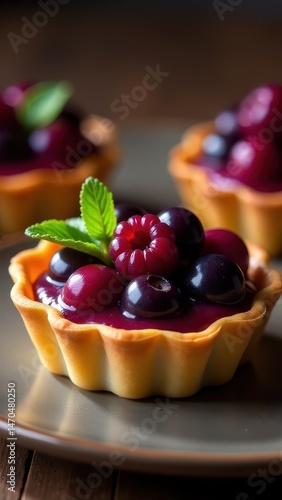 A delicious berry tartlet topped with fresh blackberries, blueberries, and cherries sits on a plate, showcasing a vibrant, colorful dessert
