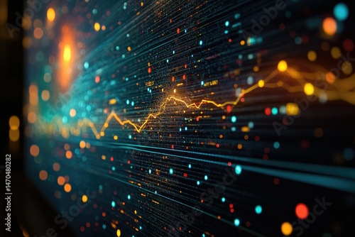 Abstract visualization of data streams and dynamic market trends, showing fluctuating data points and patterns.