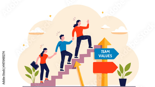 Team members climbing stairs towards shared values against soft backdrop -  