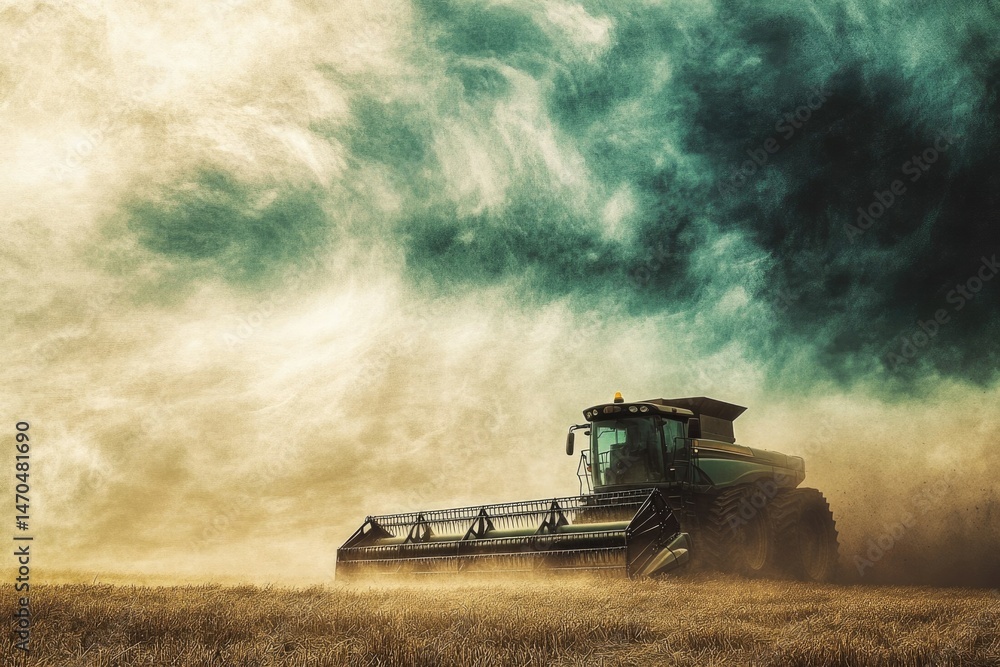Fototapeta premium Combine harvester working in a field, dust clouds billowing around it during harvest season.