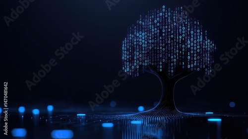 A digital tree composed of ones and zeros displayed in dark lighting