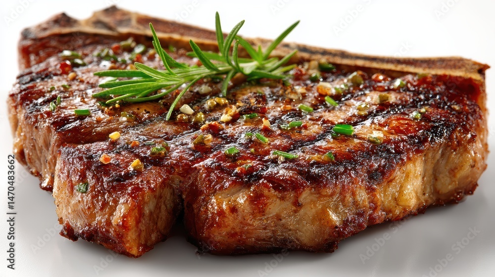 A perfectly grilled T-Bone steak, sizzling with juicy tenderness, isolated on a white background A perfectly grilled T-Bone steak, sizzling with juicy tenderness, isolated on a white background