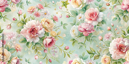 Wallpaper Mural A vibrant arrangement of pastel roses and assorted flowers fills the space, set against a tranquil light blue background, capturing the essence of spring beauty and elegance Torontodigital.ca