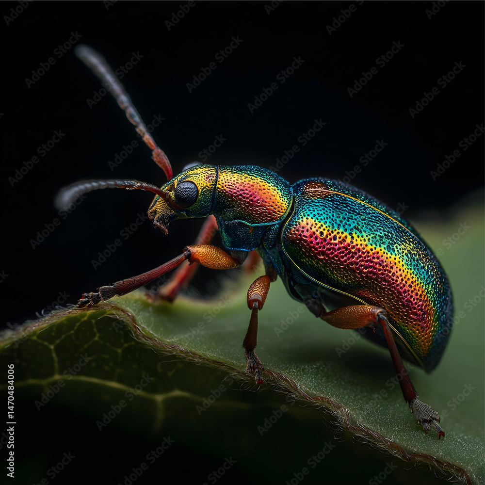 Naklejka premium Colorful beetle resting on a leaf in a dark environment during daytime