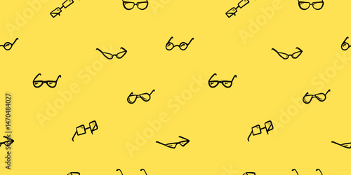Seamless pattern with hand-drawn black outline glasses on a bright yellow background. A minimalistic and playful design perfect for packaging, textile prints, fashion accessories, optician branding.