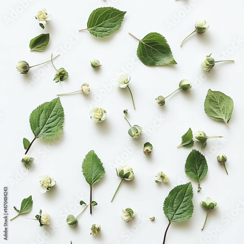  White Flowers and Green Leaves Pattern Illustration.