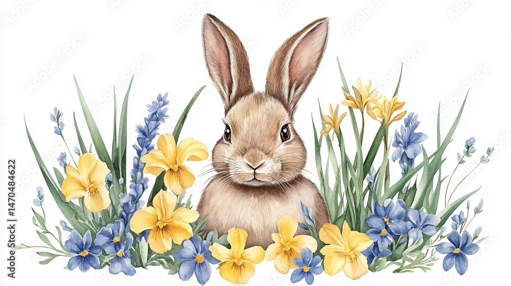 Beautiful Bunny with Yellow Irises and Blue Hyacinth - Bright and Colorful Springtime Illustration Beautiful Bunny with Yellow Irises and Blue Hyacinth - Bright and Colorful Springtime Illustration