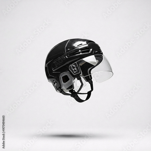 Black hockey helmet with clear face shield falling, isolated on white background