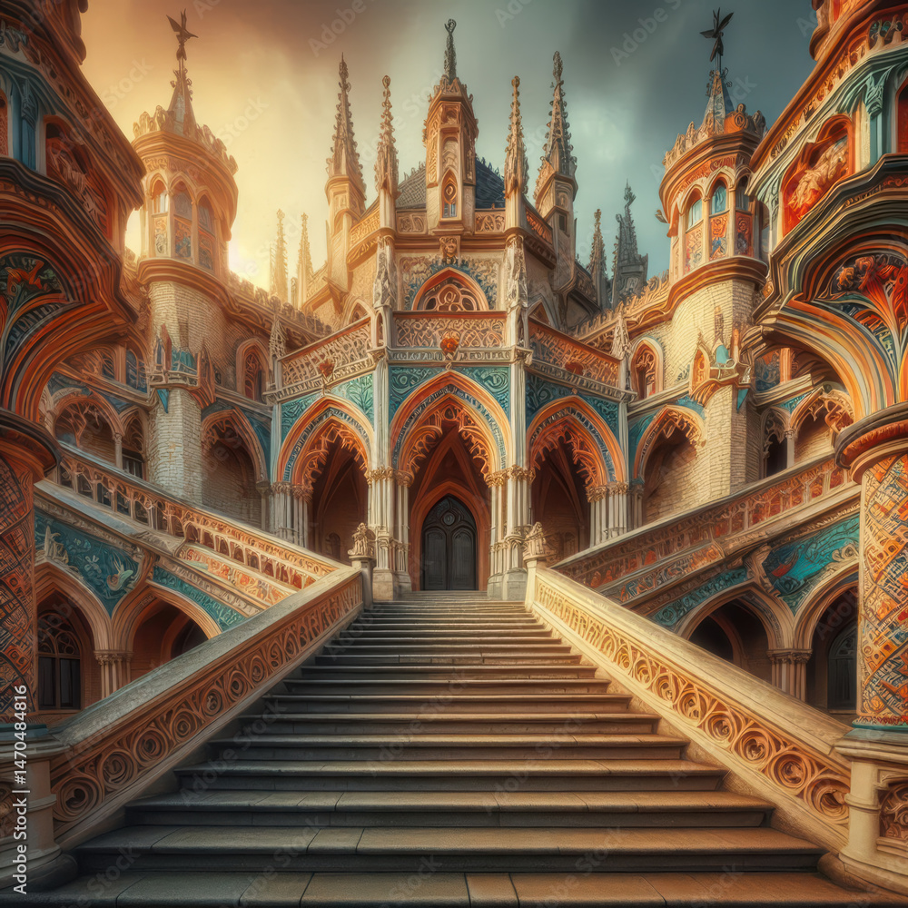 Obraz premium Stunning architectural monument with elaborate towers and vibrant colors at sunset