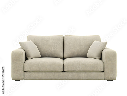 A beige fabric sofa with two back cushions, shown in a frontal view against a black background