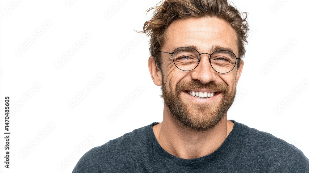 A man with glasses wearing a casual t-shirt and a big smile, exuding positivity, isolated on a white background A man with glasses wearing a casual t-shirt and a big smile, exuding positivity, isolated on a white background