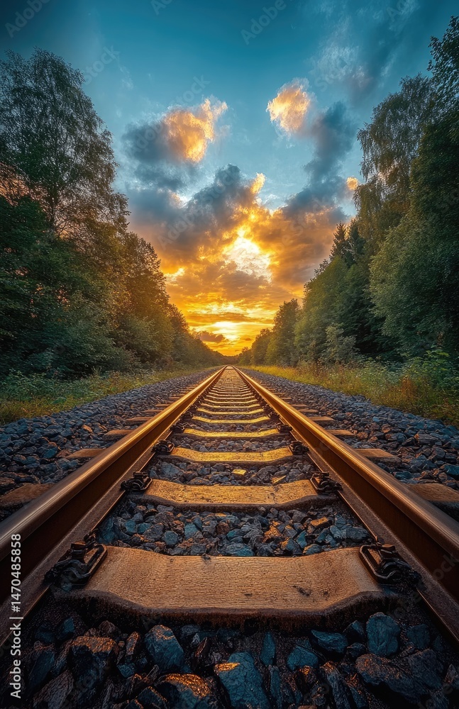 Fototapeta premium Sunset over railway tracks through forest