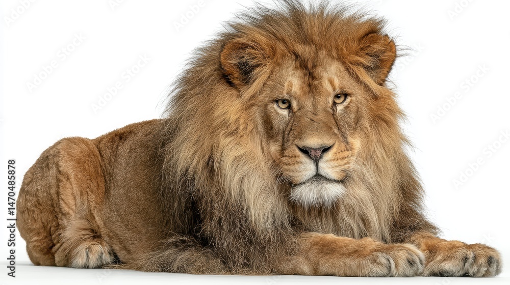 A majestic male lion lying calmly, showcasing strength and serenity, isolated on a white background A majestic male lion lying calmly, showcasing strength and serenity, isolated on a white background
