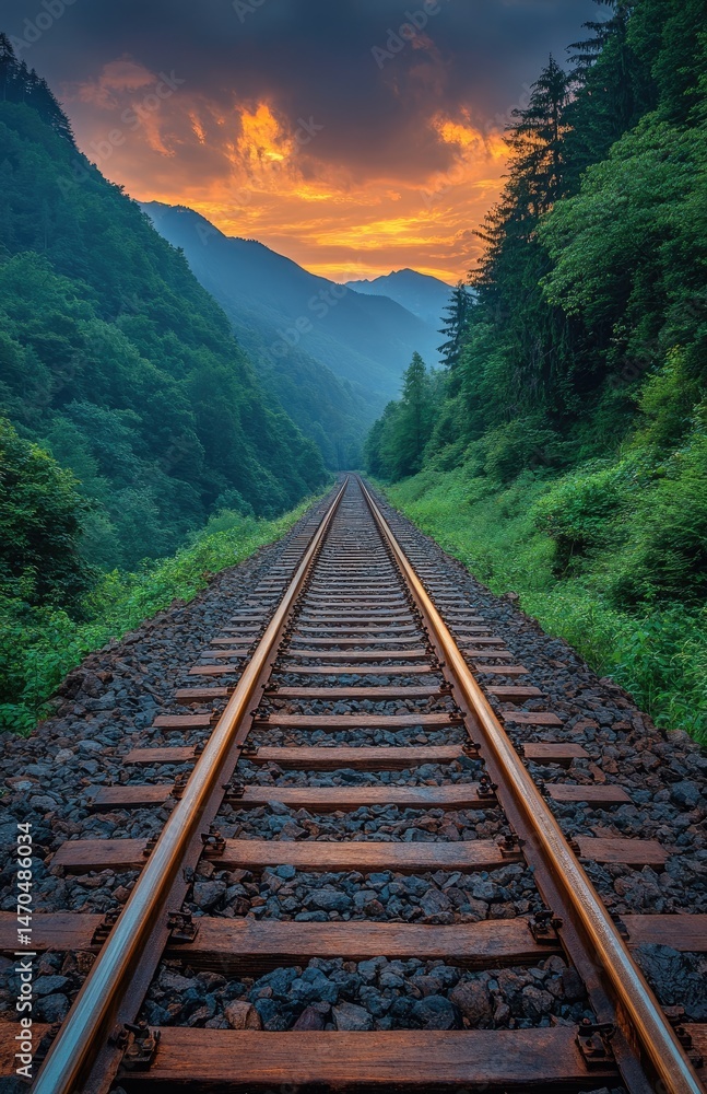 Fototapeta premium Sunset over mountain train tracks. Lush forest lining a rail route