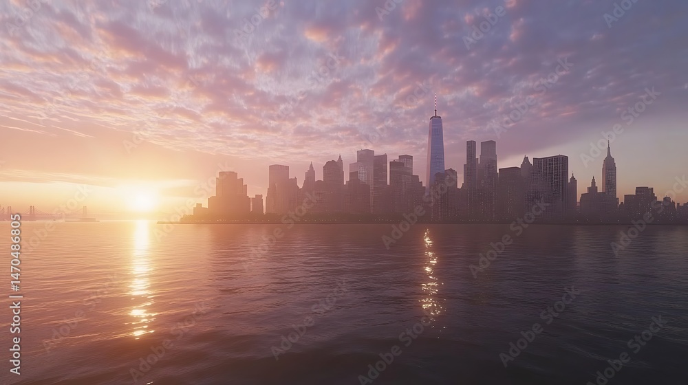 Fototapeta premium Sunset over industrial cityscape with river reflections high resolution picture