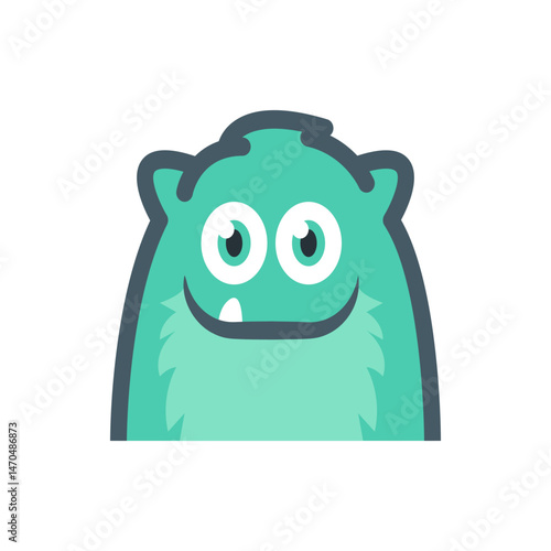 Illustration of a teal cartoon monster with a single tooth and a friendly smile on a white background design