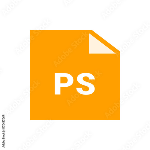 Illustration of a ps file icon with a folded corner and a bright orange background with white letters ps