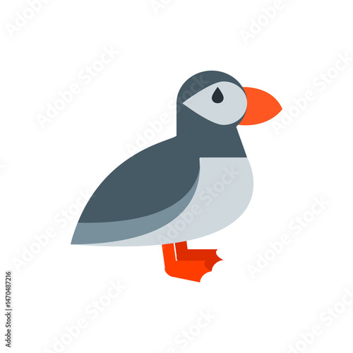 Illustration of a puffin with gray and white plumage and a distinctive orange beak standing sideways view